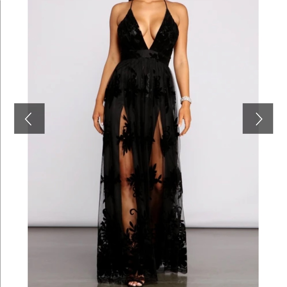 Long Black deep v Dress Morgan floral flocked velvet dress from Windsor small